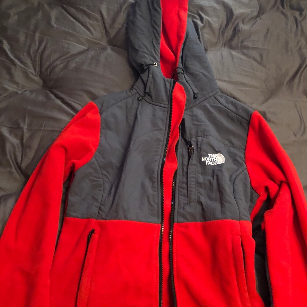 Red north face jacket with hood size small